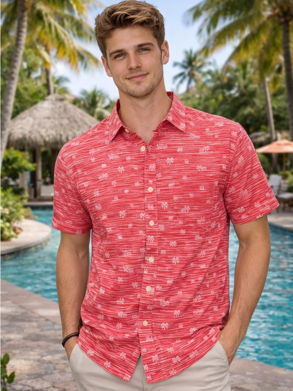 Seapointe Men’s Red Tropical Palm Print Button Down Hawaiian Summer Shirt